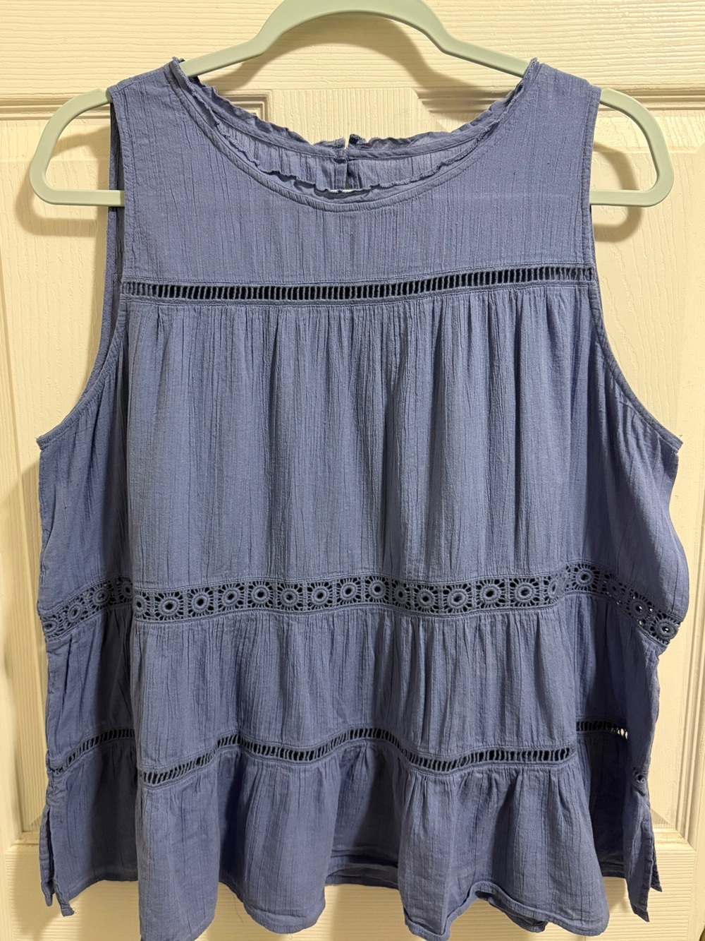 Linen-Texture Sleeveless Peasant Top in Dusty Blue. No tag or label.